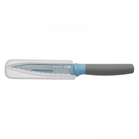 LEO Universeel gekarteld mes blauw 11,5 cm met beschermhoes